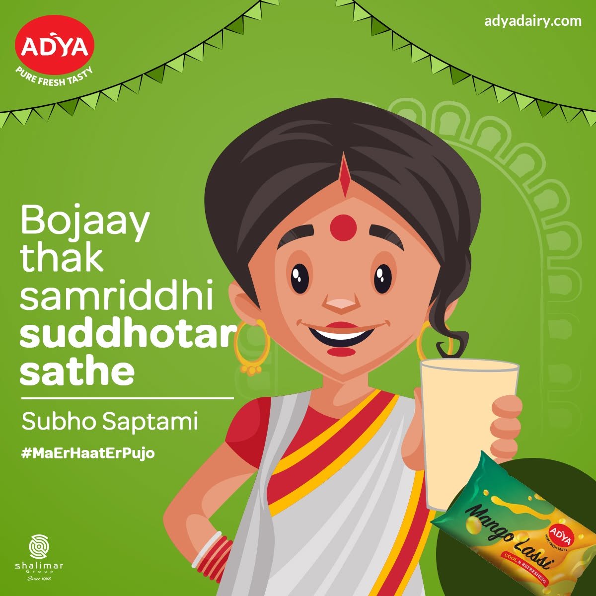 Adya Dairy Subho Saptami festive creative featuring an illustrated Bengali woman holding a glass of lassi beside Mango Lassi packaging.