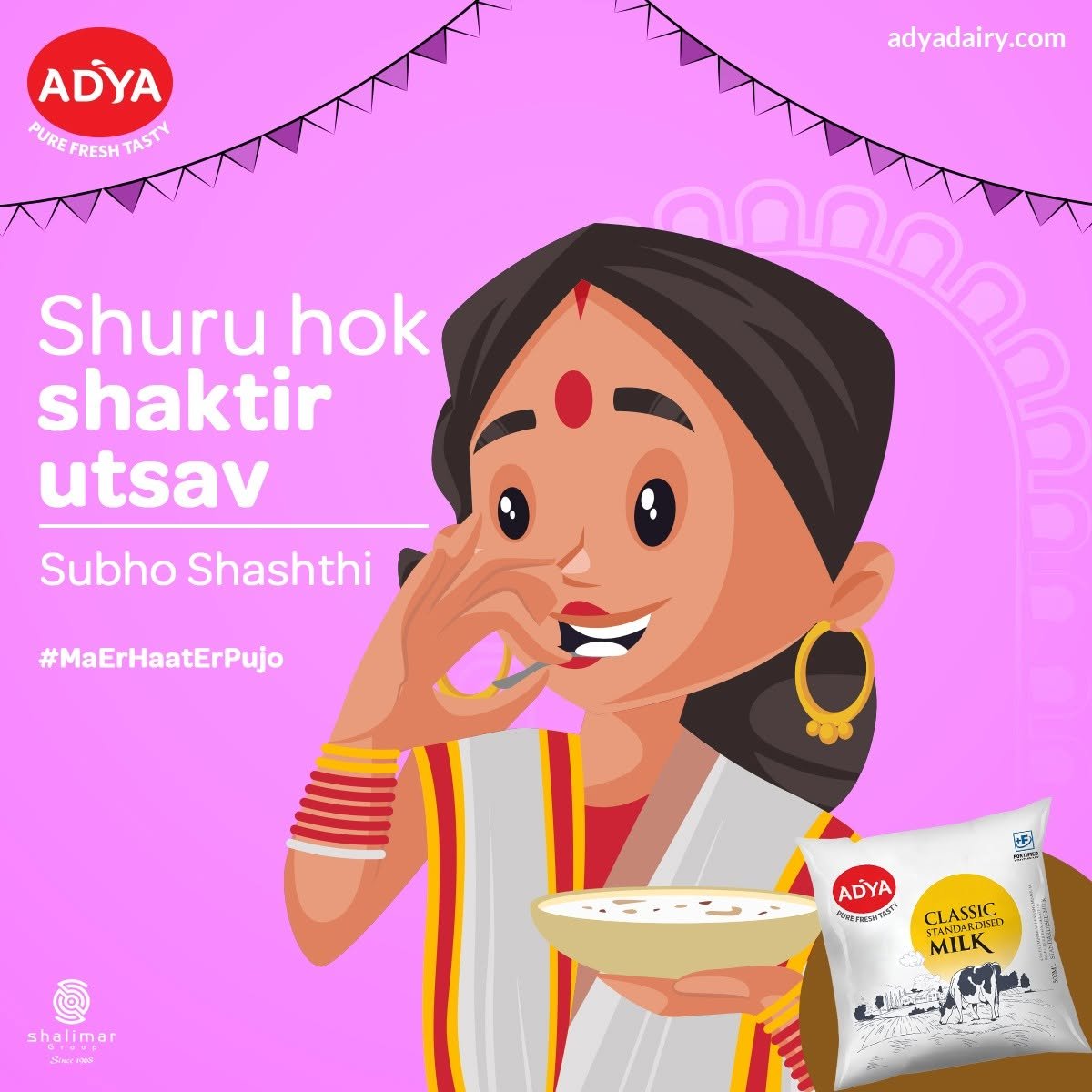 Adya Dairy Subho Shashthi campaign featuring an illustrated Bengali woman tasting a festive dessert with Classic Milk packaging.