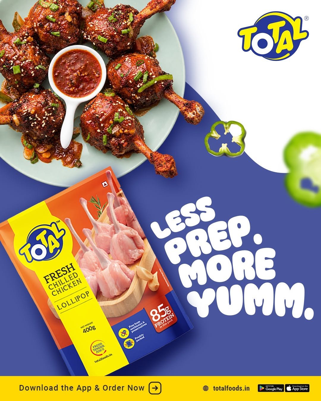 Total Foods Chicken Lollipop advertising creative featuring saucy cooked chicken lollipops, dipping sauce and fresh chilled chicken packaging.