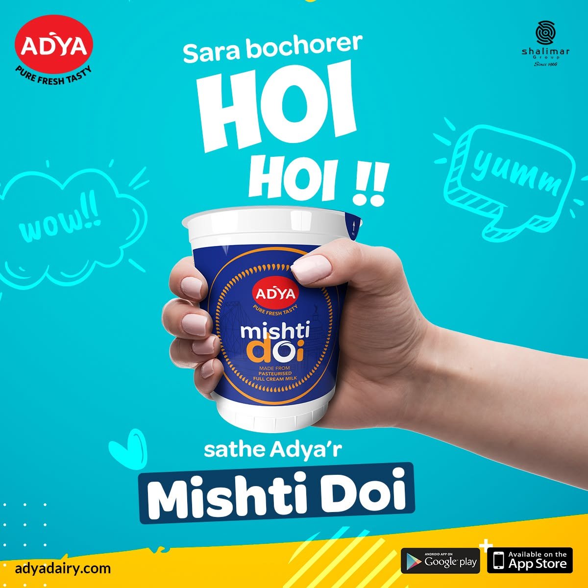 Adya Dairy Cow Ghee advertising creative featuring a jar of ghee, stacked parathas and a spoonful of golden ghee on a rustic background.