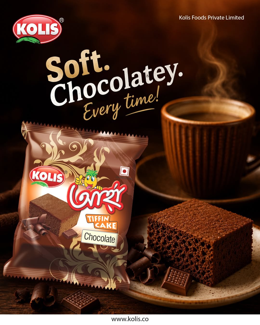 Kolis Chocolate Tiffin Cake social media creative featuring a soft chocolate sponge cake, chocolate pieces and a steaming cup of hot chocolate.