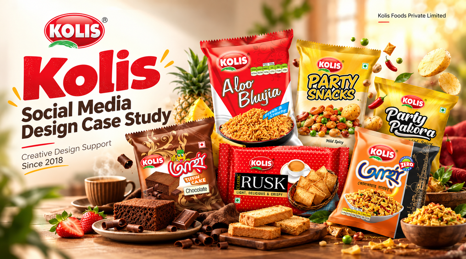 A collection of social media graphic designs and promotional artworks created by Ativitaa for Kolis, showcasing a long-term creative design partnership since 2018.