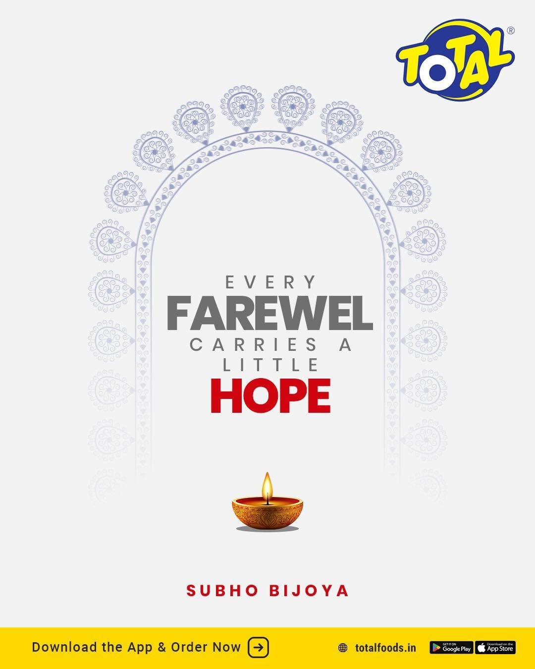 Minimalist Subho Bijoya creative designed for Total Foods, featuring a traditional diya, decorative festive arch and an emotional message of hope.
