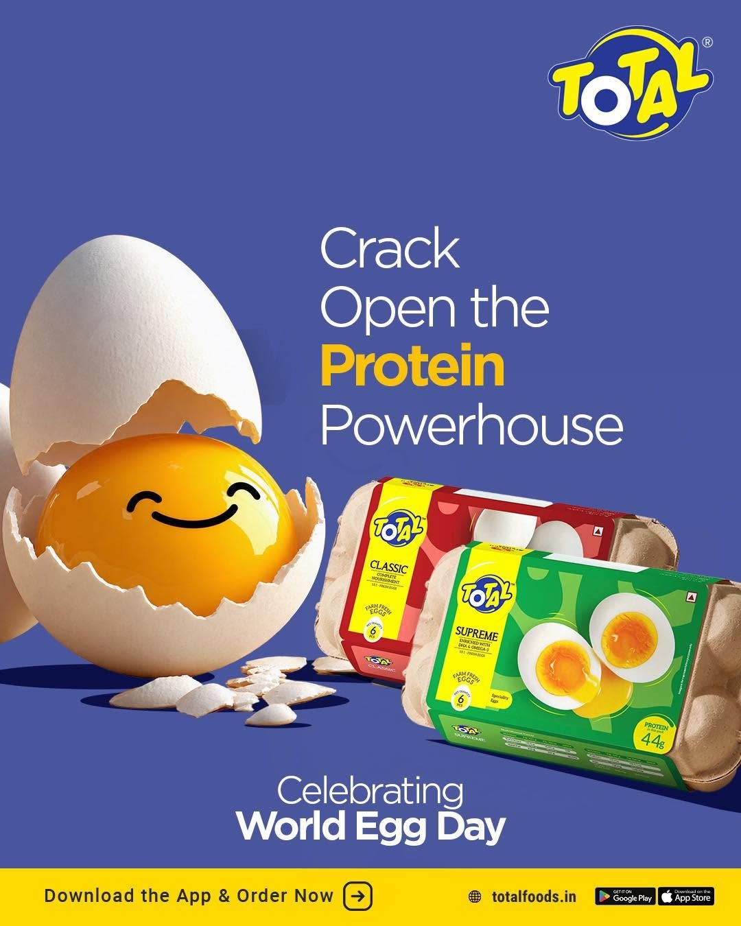 World Egg Day social media design for Total Foods featuring a smiling egg yolk, cracked eggshell and Classic and Supreme egg cartons highlighting protein.