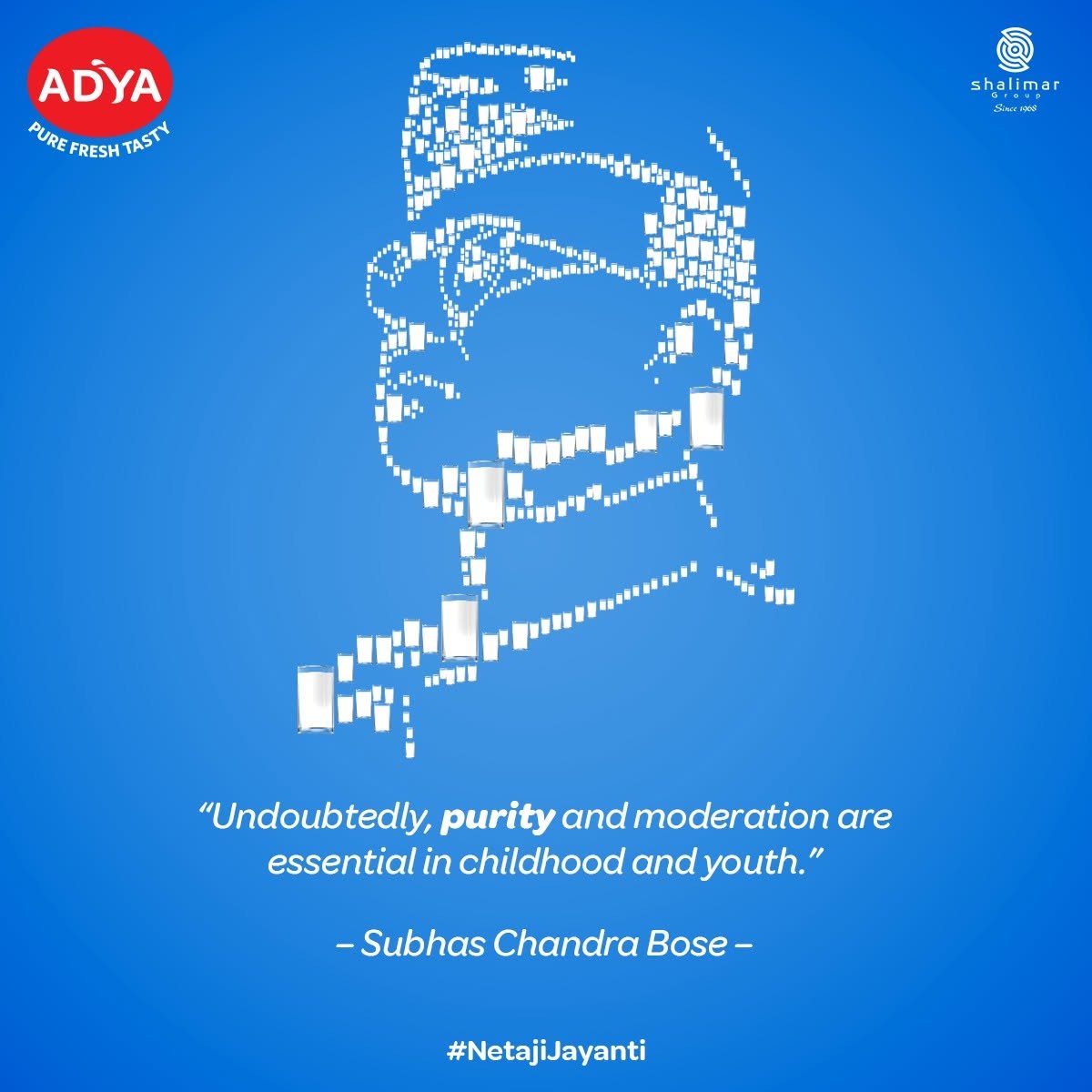 Adya Dairy Netaji Jayanti tribute featuring a portrait of Subhas Chandra Bose created from white geometric shapes against a blue background.