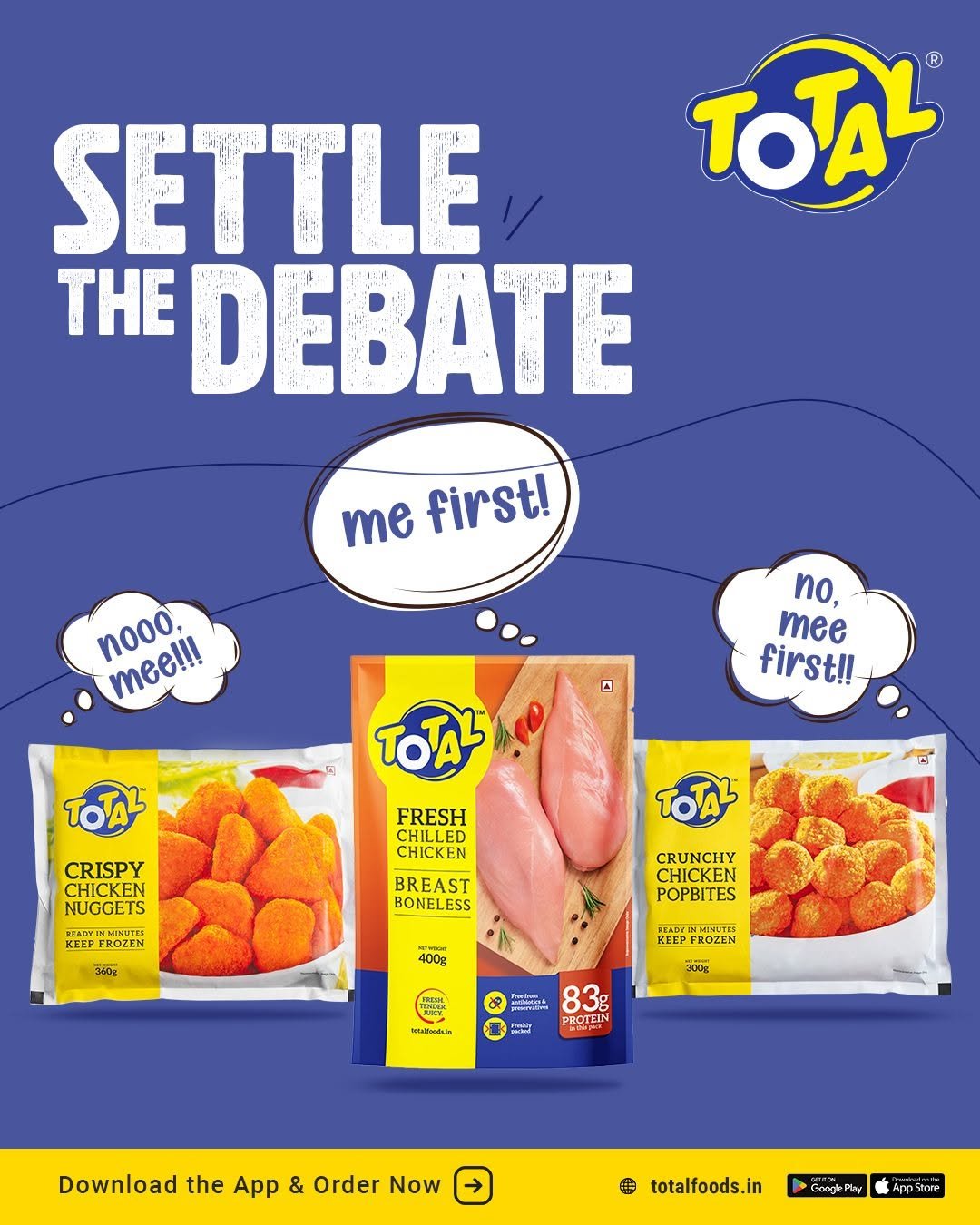 Playful Total Foods social media creative featuring Crispy Chicken Nuggets, fresh boneless chicken breast, and Crunchy Chicken PopBites in a humorous product debate with speech bubbles and bold typography.