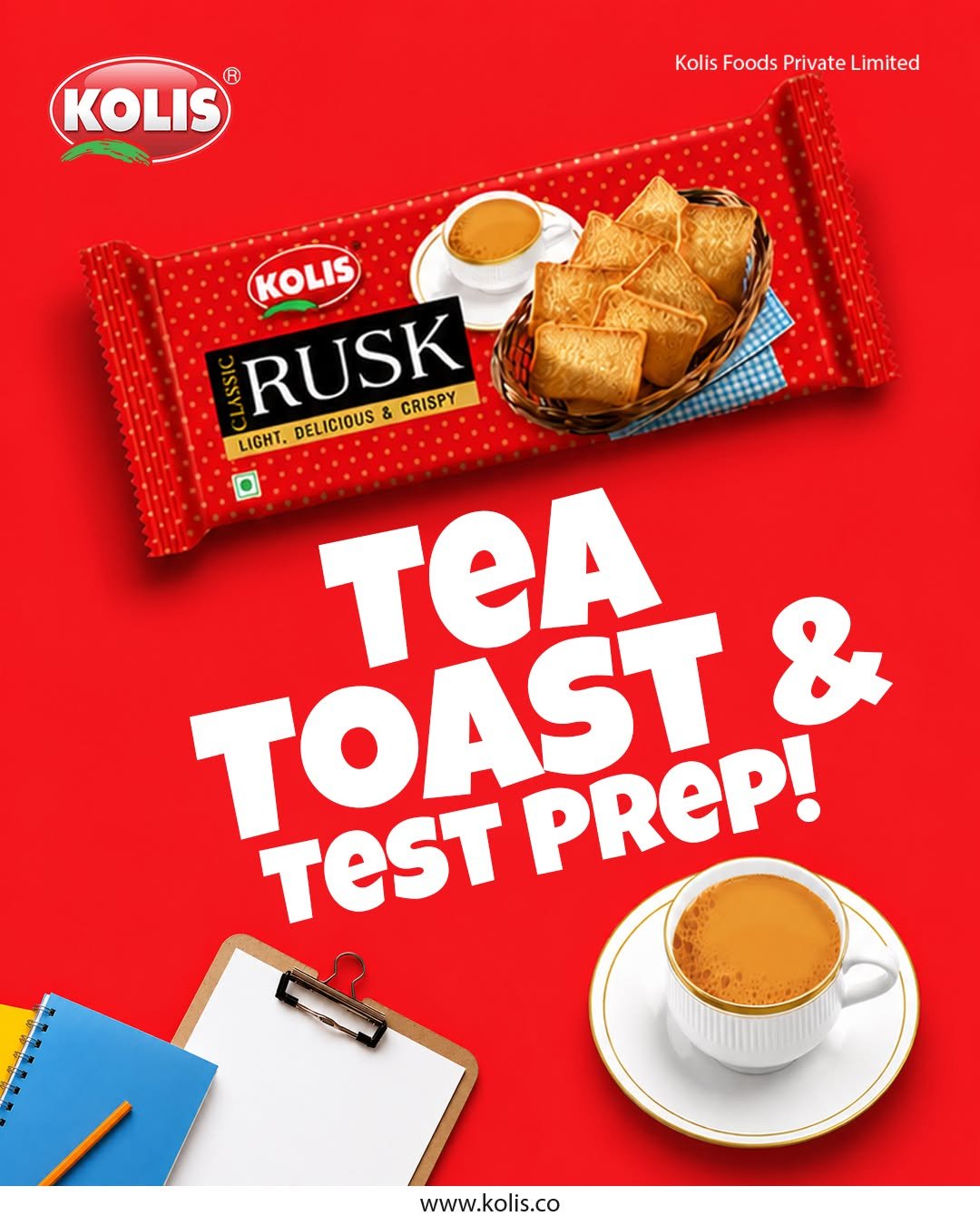 Kolis Classic Rusk social media design featuring a red rusk packet, tea cups and stationery with the headline Tea Toast and Test Prep.