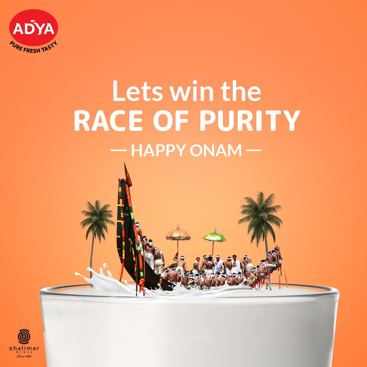 Adya Dairy Onam festival greeting featuring a traditional Kerala boat race emerging from a bowl of milk against an orange background.