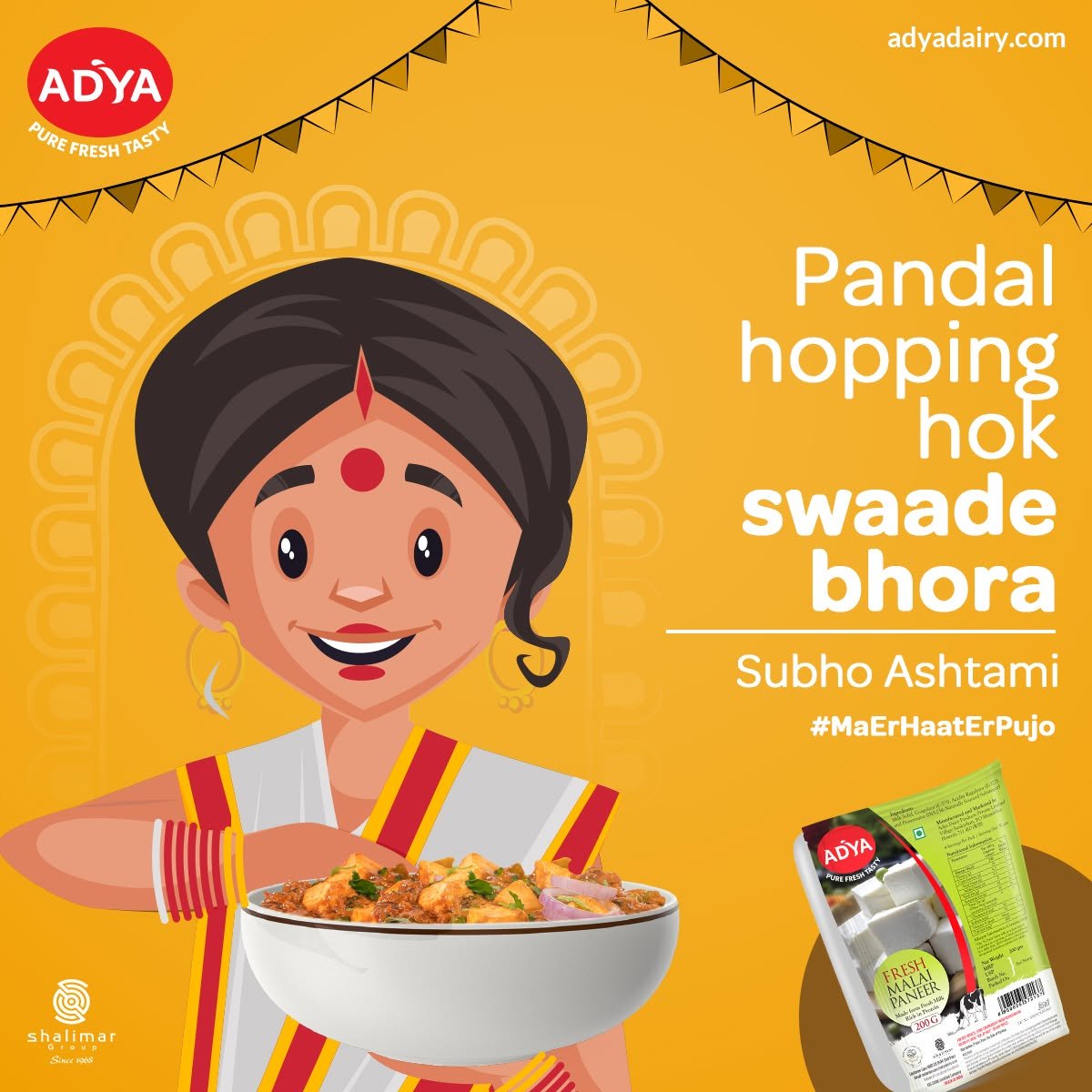 Adya Dairy Subho Ashtami campaign featuring an illustrated Bengali woman holding a paneer dish alongside Fresh Malai Paneer packaging.