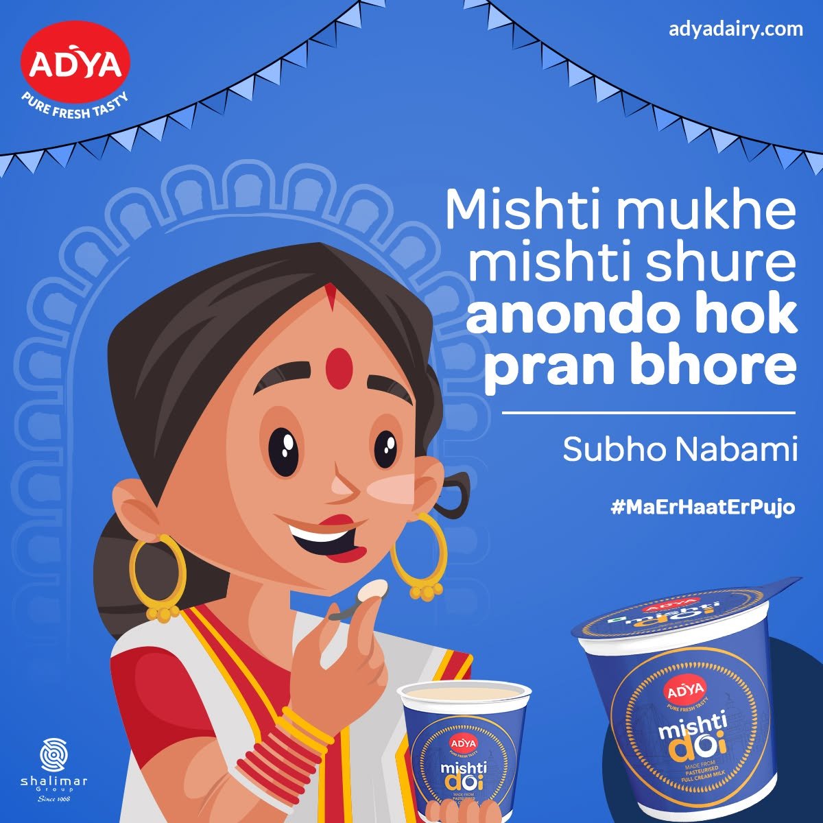 Adya Dairy Subho Nabami festive design featuring an illustrated Bengali woman enjoying Mishti Doi against a blue background.