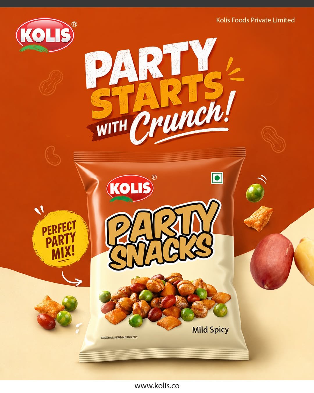 Kolis Party Snacks social media creative featuring a mild spicy snack mix, floating crunchy ingredients and the headline Party Starts with Crunch.