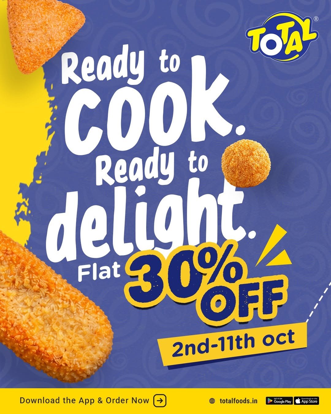Total Foods promotional social media creative featuring crispy chicken snacks and a flat 30% discount offer from 2 to 11 October.