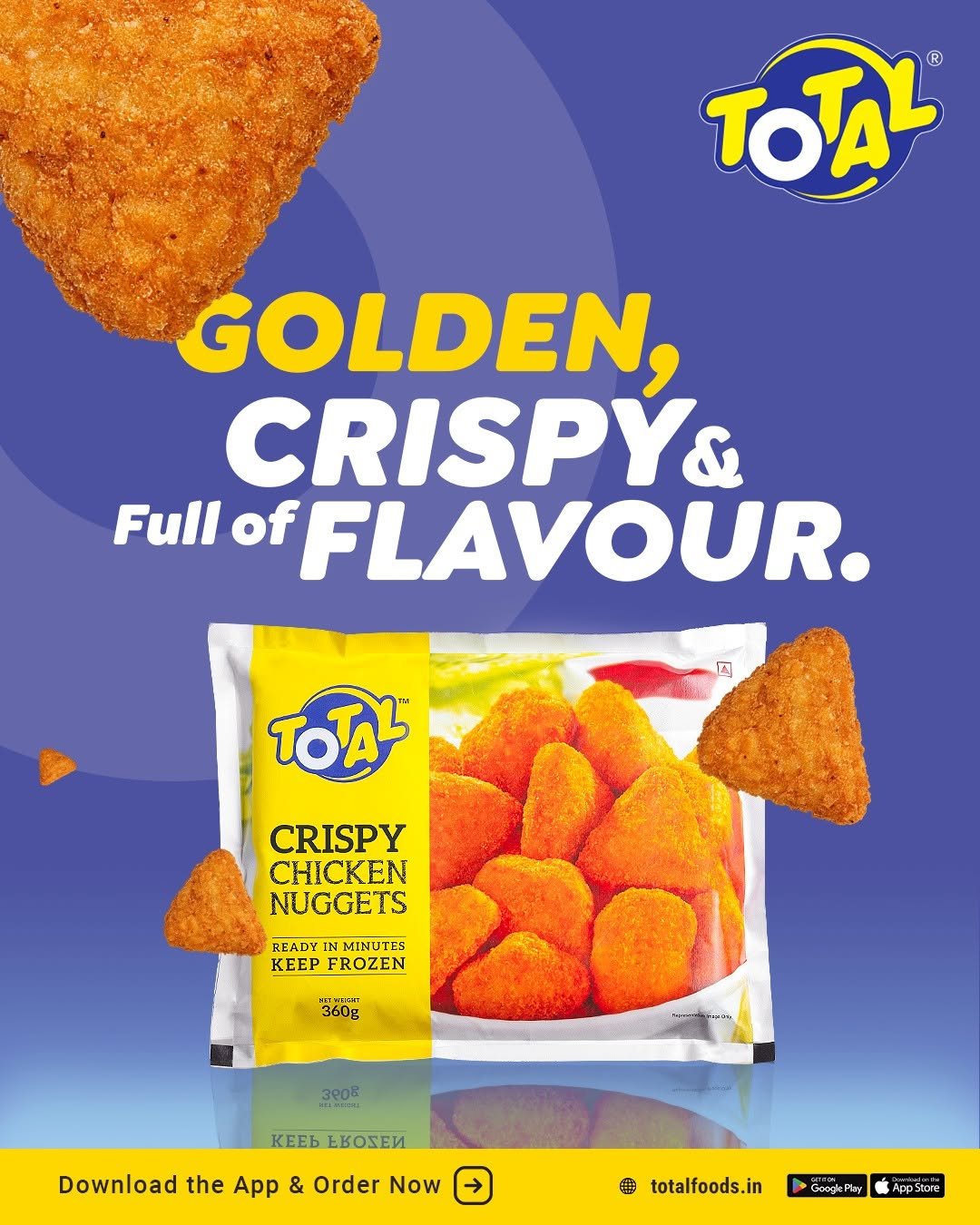 Total Foods Crispy Chicken Nuggets advertising creative featuring golden, crunchy nuggets, bold typography and vibrant blue and yellow branding.