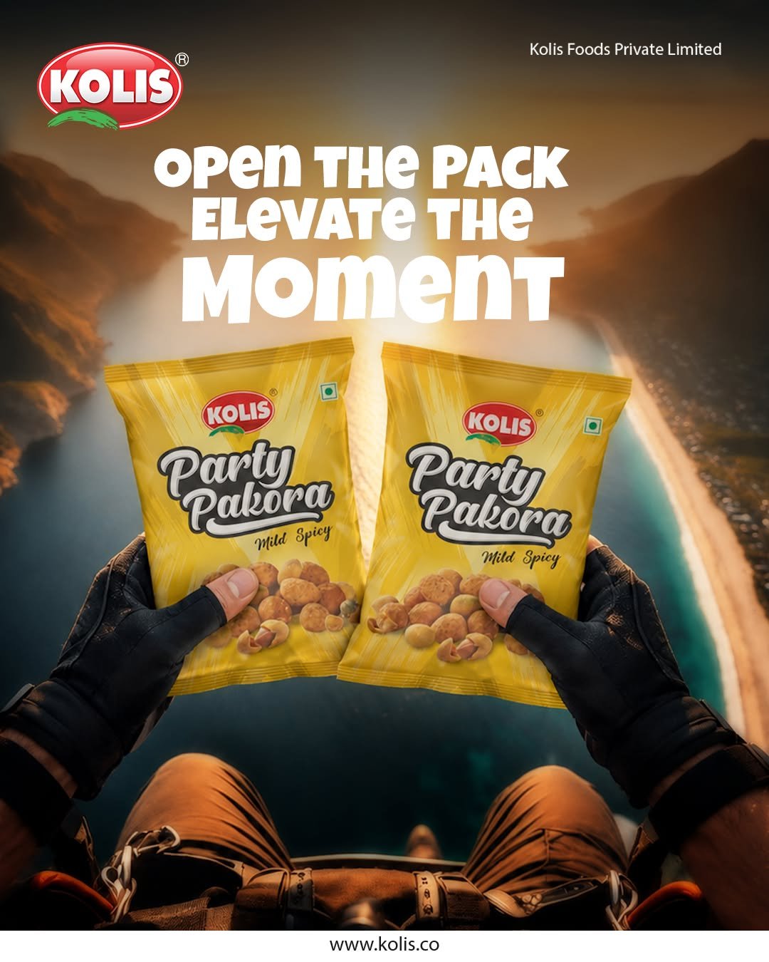 Kolis Party Pakora promotional creative featuring two yellow snack packets against a dramatic landscape with the message Open the Pack Elevate the Moment.
