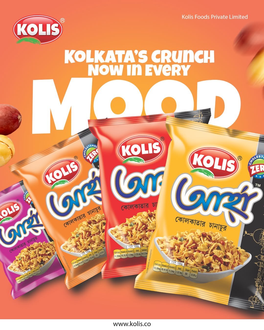 Kolis Kolkata Chanachur advertising creative showcasing multiple colourful snack packets with bold typography reading Kolkata's Crunch Now in Every Mood.
