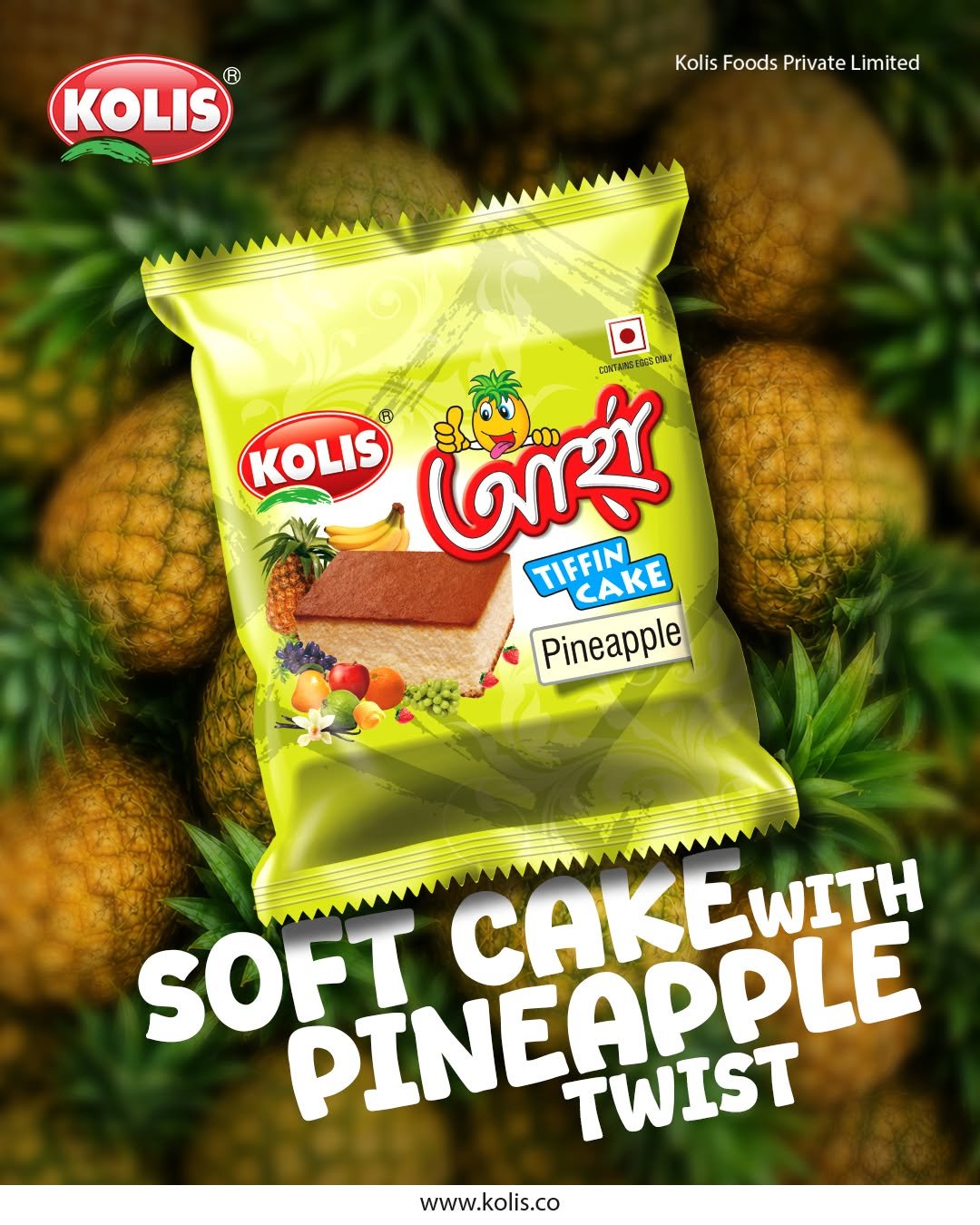 Kolis Pineapple Tiffin Cake product creative featuring green cake packaging surrounded by fresh pineapples and the headline Soft Cake with Pineapple Twist.
