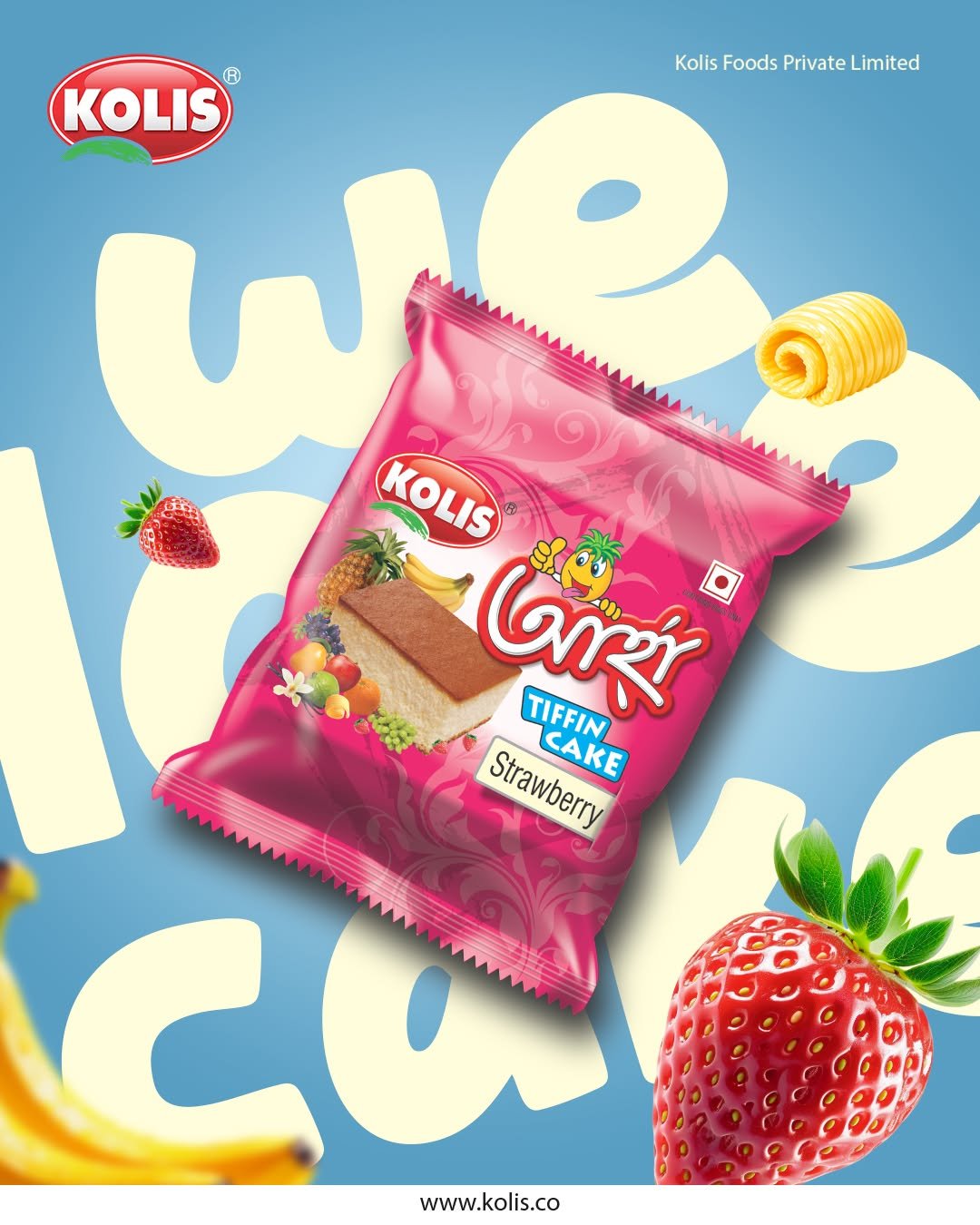 Kolis Strawberry Tiffin Cake advertising creative featuring a pink product packet, fresh strawberries and playful oversized typography on a blue background.
