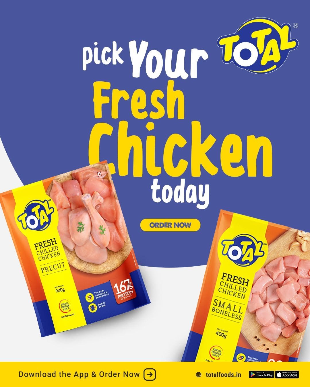 Total Foods fresh chicken advertising featuring pre-cut chicken and boneless chicken packs with bold typography encouraging online orders.