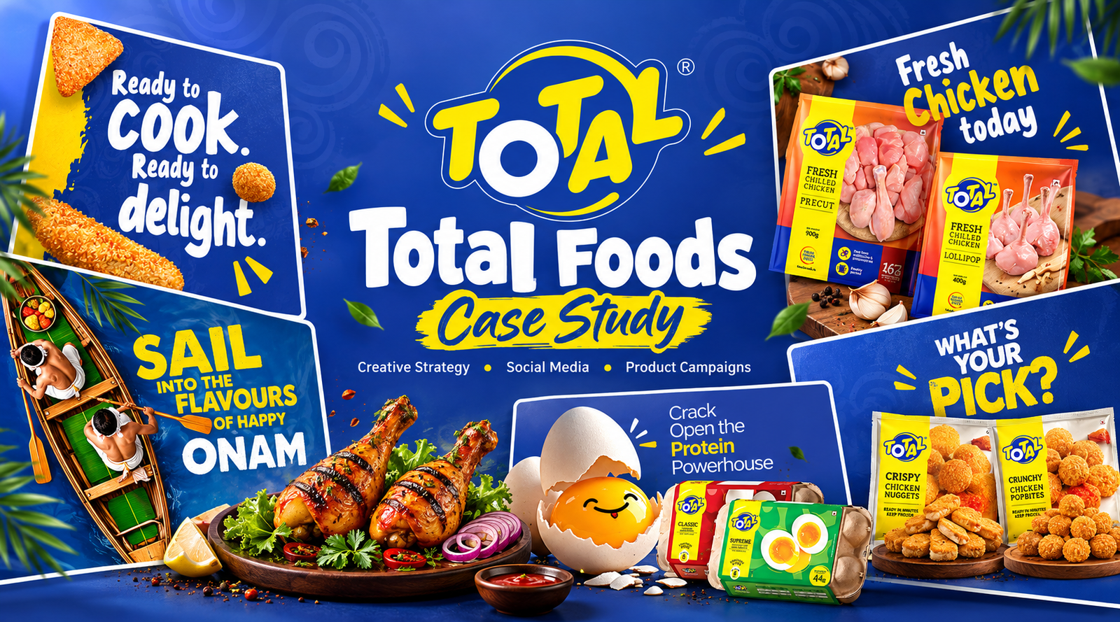 Total Foods creative marketing case study by Ativitaa, featuring social media campaigns, fresh chicken products, crispy snacks, festive advertising, and food brand storytelling.
