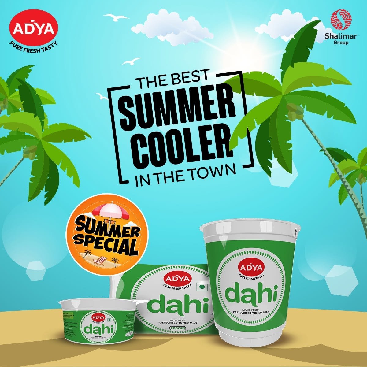 Adya Dairy summer campaign featuring Dahi cups, tropical palm trees and the slogan The Best Summer Cooler in Town.