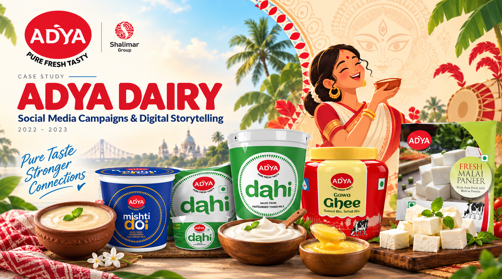 Adya Dairy social media marketing case study by Ativitaa featuring Mishti Doi, Ghee, Paneer, festive advertising, and Durga Puja digital campaign creatives from 2022–2023.